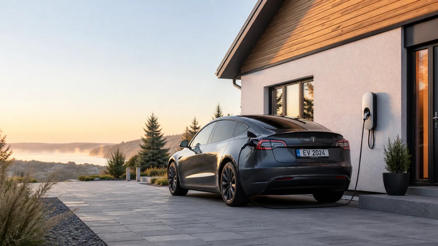Tesla latauksessa modernin omakotitalon pihassa sähköauton latausasemasta
