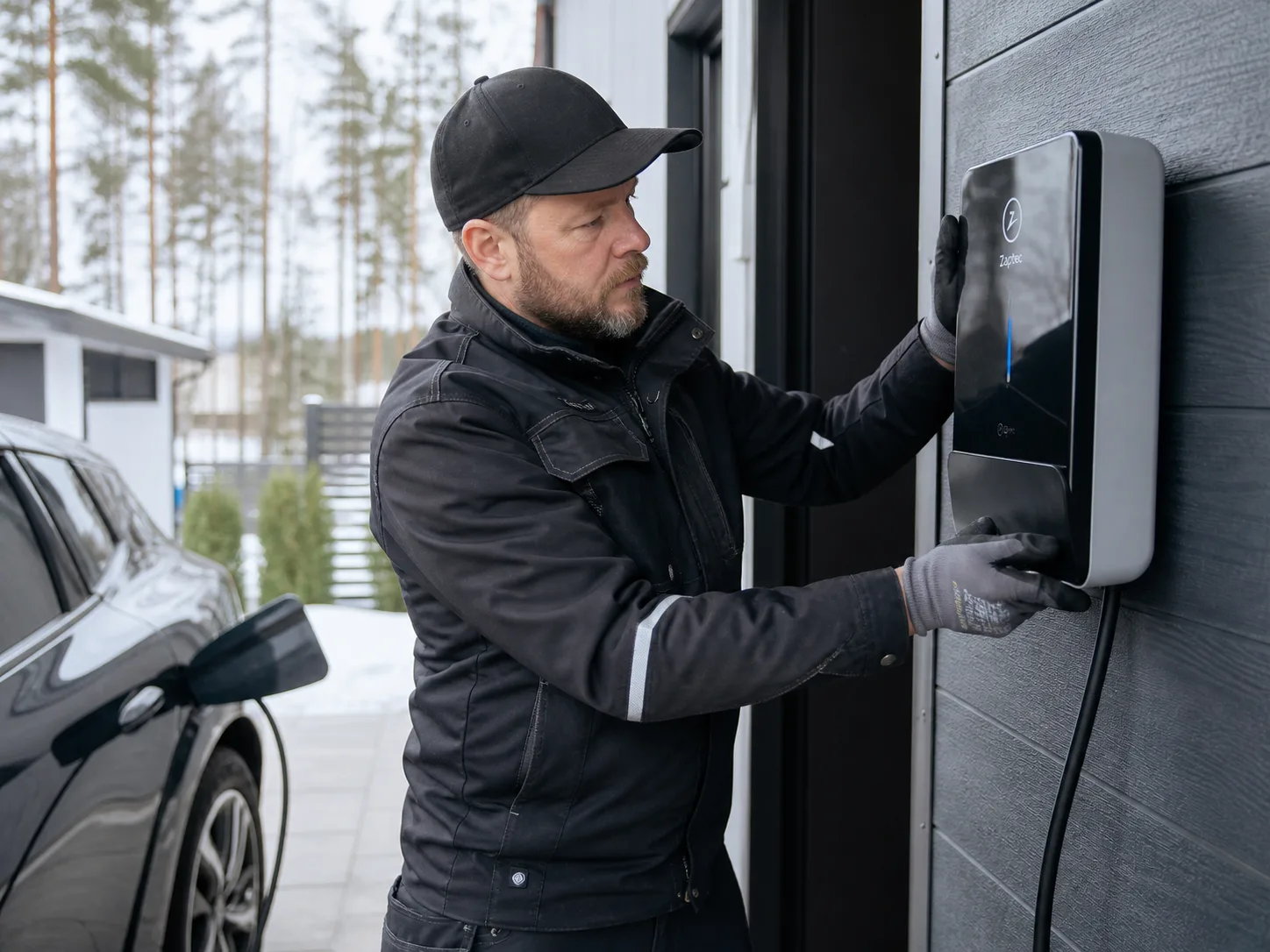 Sähköasentaja asentaa sähköauton latausasemaa